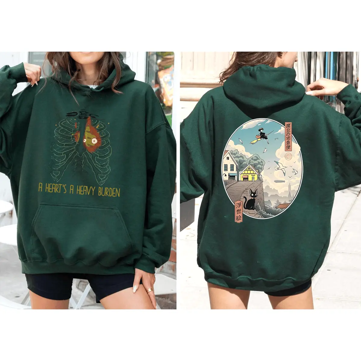 Women's Vintage Graphic Hoodie Sweatshirt - Unisex Anime-Inspired "A Heart's A Heavy Burden" 2-Sided Print, Cotton-Polyester Blend, Light Street Style Tee for Everyday Wear, Fabric, Garment, Soft, Tops