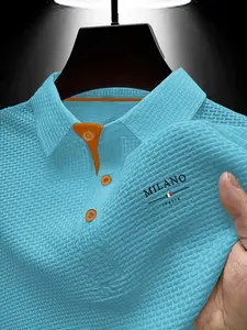 "MILANO" Men's Summer Textured Polo Shirt, Quick-Dry Breathable Geometric Letter Pattern, Slim-Fitting Casual Sporty Top, Essential Men's Clothing
