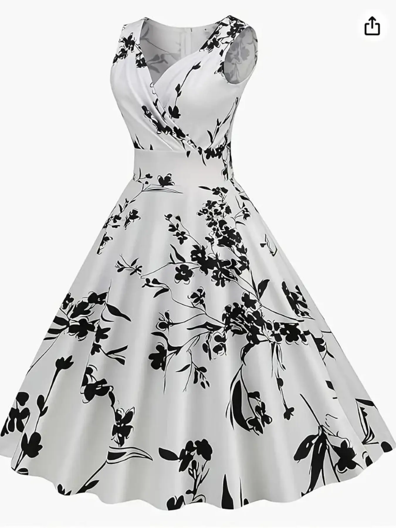 Ink Floral All Over Print V Neck Sleeveless Dress, Vintage Waist A-Line Skirt, Elegant Chic Office Party Hepburn Style Women's Clothing