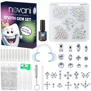 NOVANI DIY Temporary Tooth Gem Starter Kit Bundle - 260Gemz, 20Microbrush Applicators, White Gemz Pencil Picker, UV Bonding Glue, Mini UV Light, 10 Cotton Rolls Also includes cartoon stickers Oral sparkly Jewelry Rhinestones Retainer Box Circles