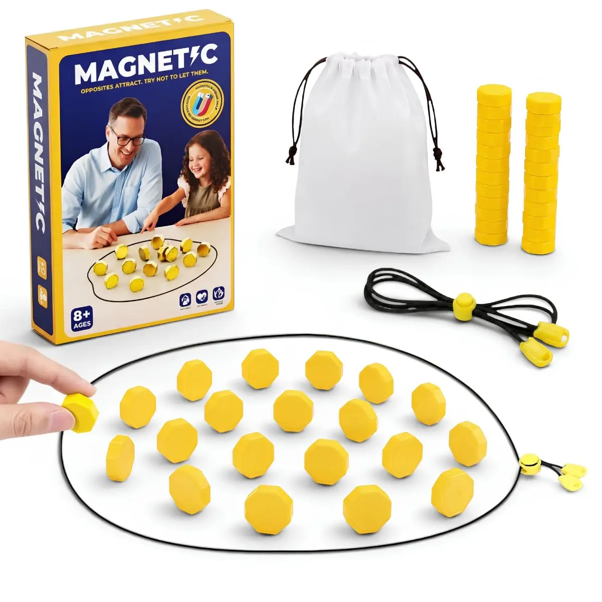Magnetic Strategy Game Set, 20 Black Magnetic Pieces with Yellow Boundary Rope, Tabletop Party Game for 2 Players, Includes Storage Bag