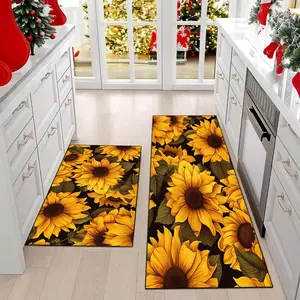 Sunflower kitchen floor mat, kitchen carpet 2-piece set, country flower kitchen long floor mat, non-slip soft decoration, multifunctional suitable for kitchen area, living room bedroom bedside, bathroom, laundry room and other scenes, improve safety