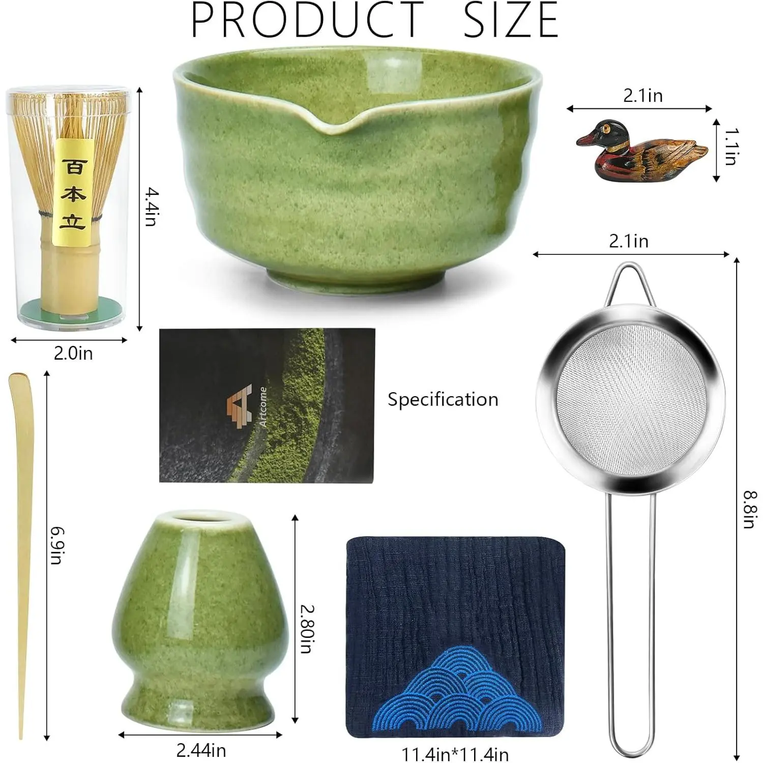 Matcha Tea Set - Complete Japanese Kit with Bowl, Whisk, Scoop, Strainer & Guide, Mottled Green