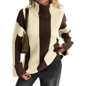 Lannew Womens Turtleneck Sweater Color Block Striped Oversized Sweaters Winter Casual Trendy Pullover Tops