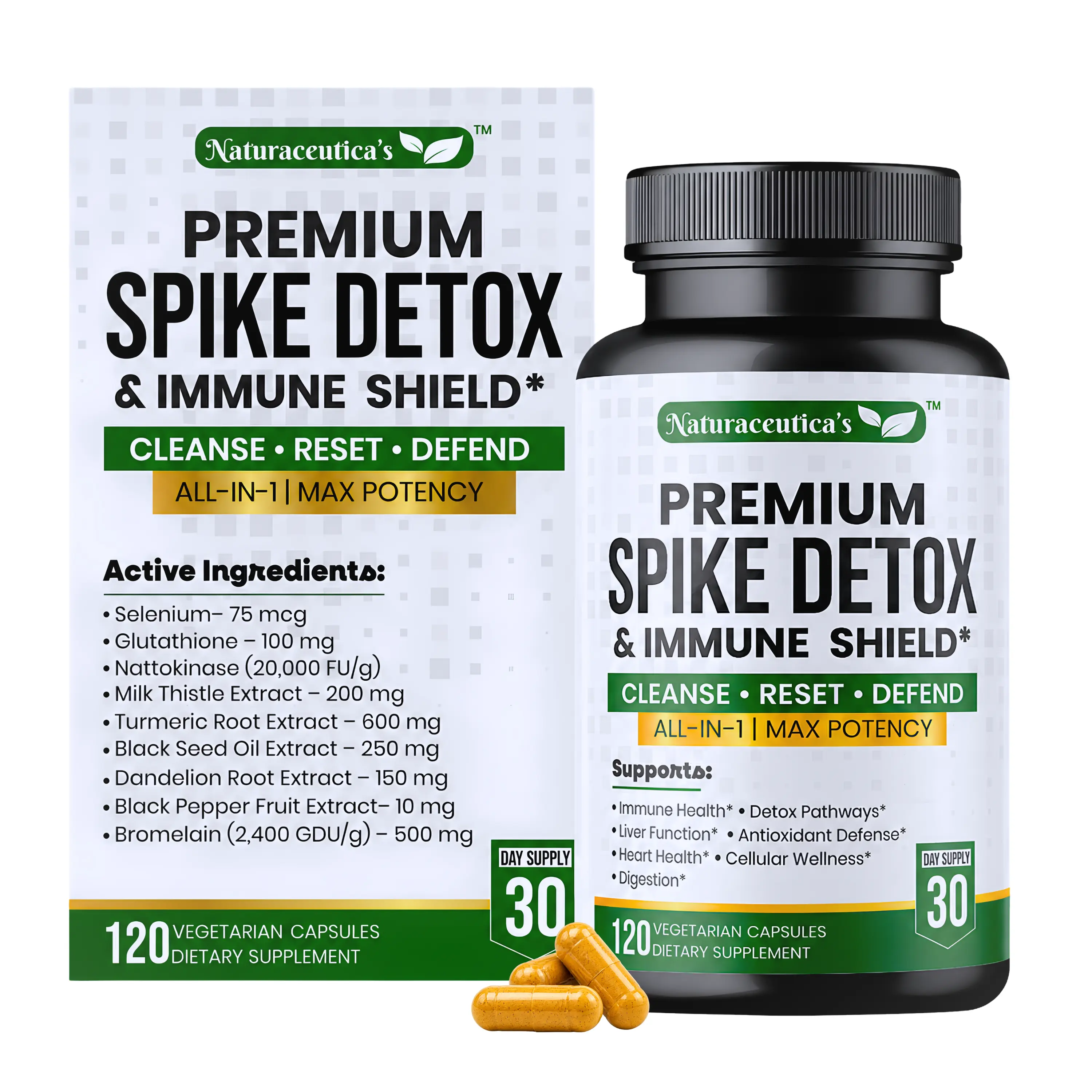 Naturaceutica Spike Detox & Immune Support Healthcare Dietary Supplement - Nattokinase, Bromelain, Curcumin - Non-GMO Liver Cleanse, Blood Circulation Aid - 120 Capsules