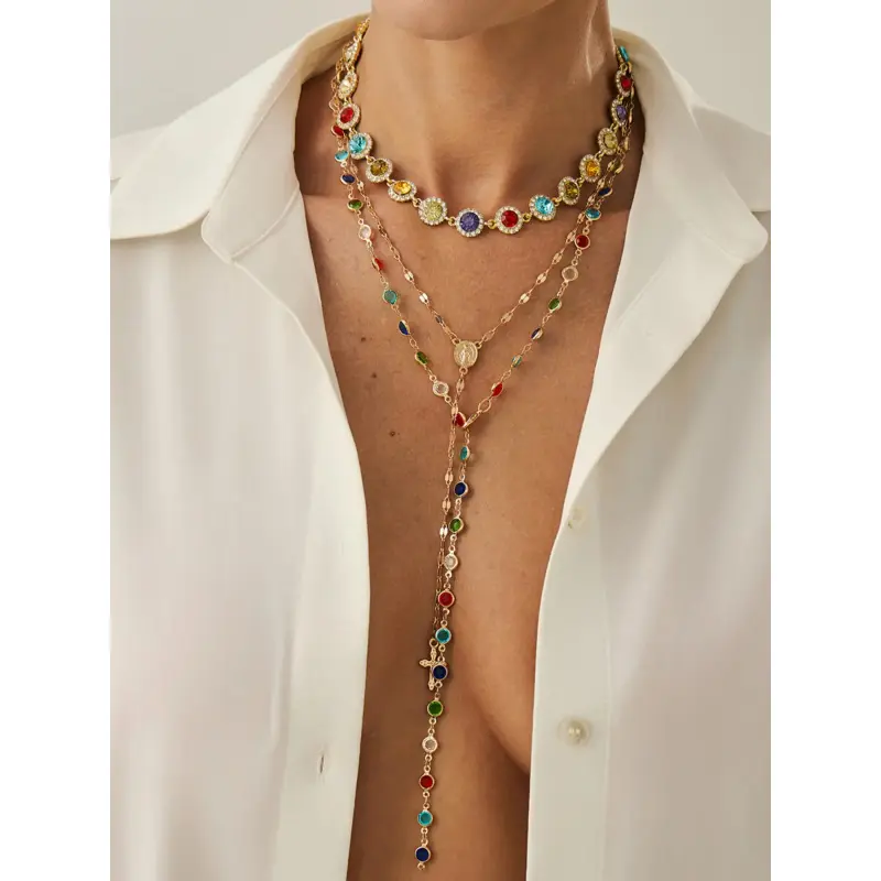 Women's 3-Piece Boho Alloy Acryl Chain Necklace Set - Cross Accent, Colorful Crystal Pendants, Statement Costume Jewelry for Casual Daily Wear & Holiday Gifting, Casual Wear, Three Pieces