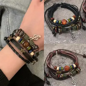 JEWELRY4U - Handmade Hippie Design Brown Leather Bracelet Women Metal Star Note Charms Wood Button Beads Wrap Unisex Adjustable Bracelet