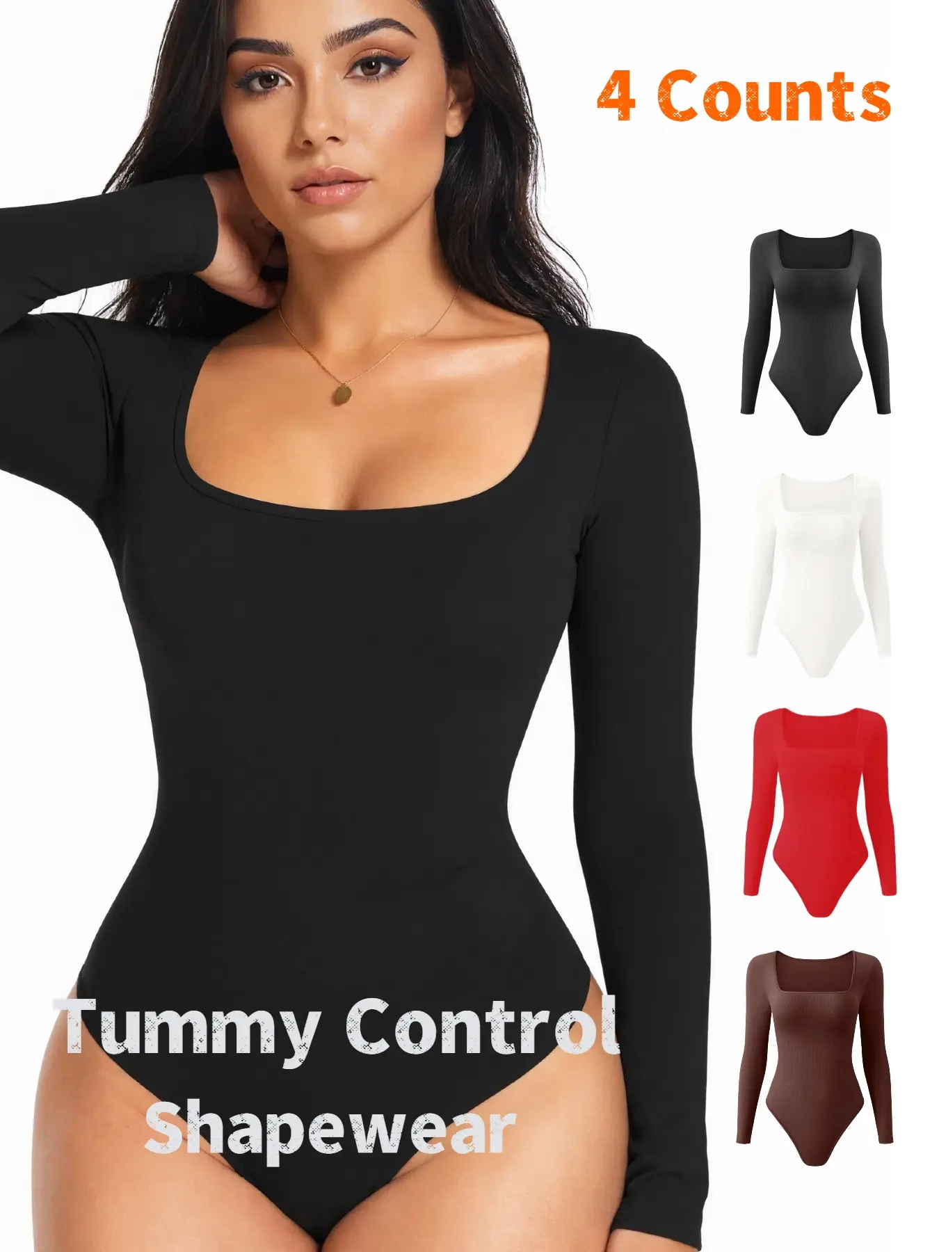 Women's Plain Basic Minimalist Long Sleeve High Stretch Shapewear Underwear Bodysuit, Comfortable Smooth Square Neck Seamless Tummy Control Compression, All-Seasons Wear, Daily Use, Elastic Tummy Tuck