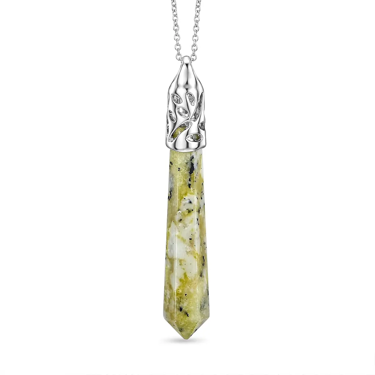 Hexagon Taper Point Yellow Turquoise 50.00 ctw Pendant in Silvertone with Stainless Steel Necklace 20 Inches