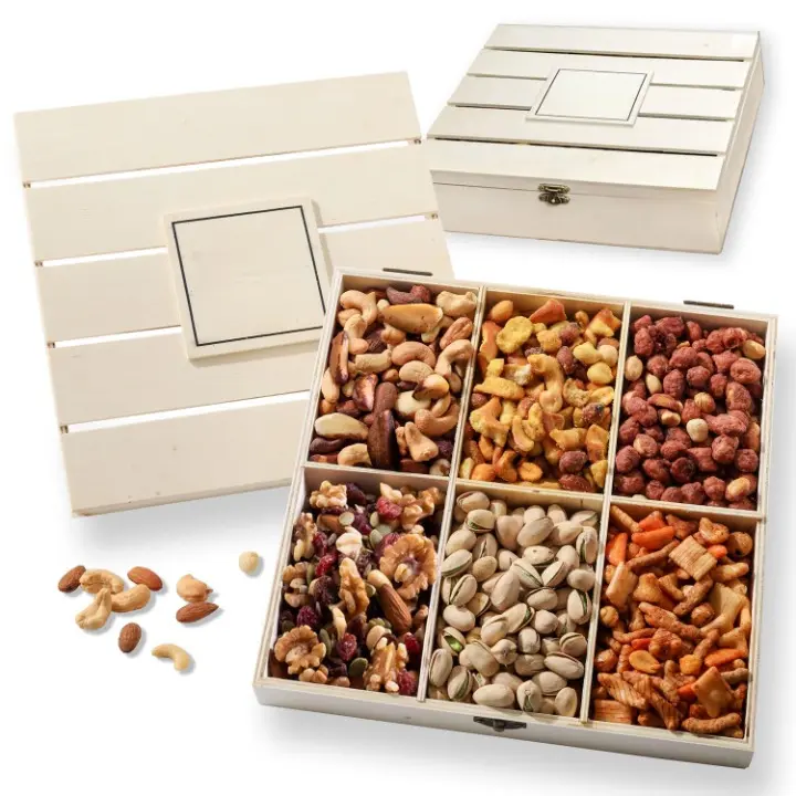 Low Fat Assorted Nut Assortment Pack Gift Basket - Contains Cashews, Reusable Wooden Crate, Unique Flavors Gourmet Snack Box, SCA-Certified Ambient Dried Snacks, Diet-Friendly Healthier Choice for Birthdays, Sympathy, Nuts
