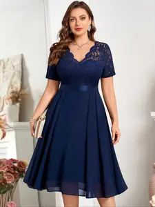 MISSMAY YP34019A Plus Womenswear Floral Lace V-Neck Short Ruffle Trim Chiffon Flowy A-Line Hem Elegant Feminine Semi Formal Cocktail Party Evening Swing Midi Dress