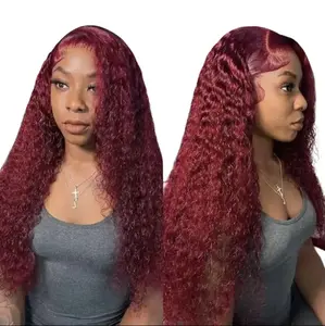 13x6 99j Lace Front Wig Human Hair HD Deep Wave Colored Deep Curly Natural Look Red High-Quality Wig for Versatile Style