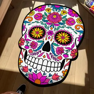 Halloween Floral Skull Print Carpet, Soft Decorative Rug for Living Room Bedroom Balcony, Large Area Sofa Coffee Table Mat, Flower Pattern Rugs