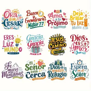 12-Piece Spanish Bible Verse Heat Transfer Stickers - Vibrant DIY T-Shirt and Clothing Appliques, Sewing and Knitting Supplies, Crafts