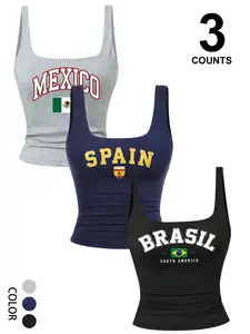 Women's Summer Daily Mexico Spain Brazil Flag Print Three Pieces Square Neck Sleeveless Vest Tops Home Outdoor City Slim Fit Trend Casual Summer Fashion Casual Elegant Youth Simple Versatile Texture Temperament Nature Literary Sport
