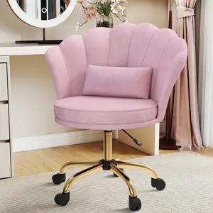 Modern Velvet Vanity Chair With Gold Base, Swivel Office Chair With Lumbar Pillow, Adjustable Rolling Task Chair For Condo, Bedroom & Vanity,Black