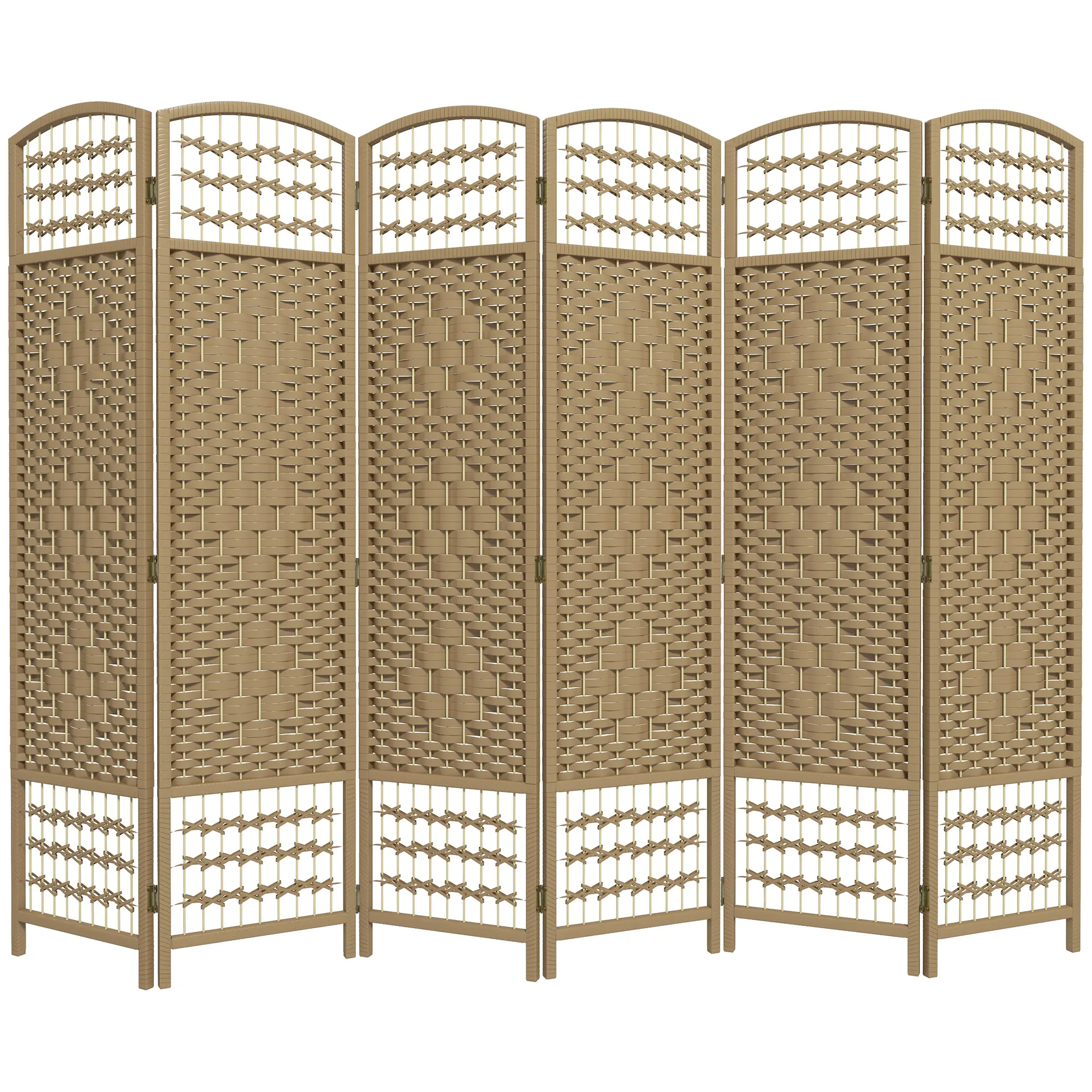 Natural Folding Room Divider 6 Panel Portable Privacy Screen with Handwoven Wave Fiber Panels for Home Office Bedroom, Wood Frame Arched Top, Semi-See Through Design, Folds to 15.5“W, No Assembly, Great for Small Apartments and Open Layouts