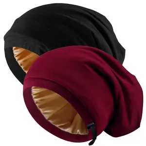 2 Pack Adjustable Silk Satin Bonnet Hair Wrap for Sleeping Silk Lined Slouchy Night Caps with Adjustable Strap for Women and Men with Curly Hair Head Scarf