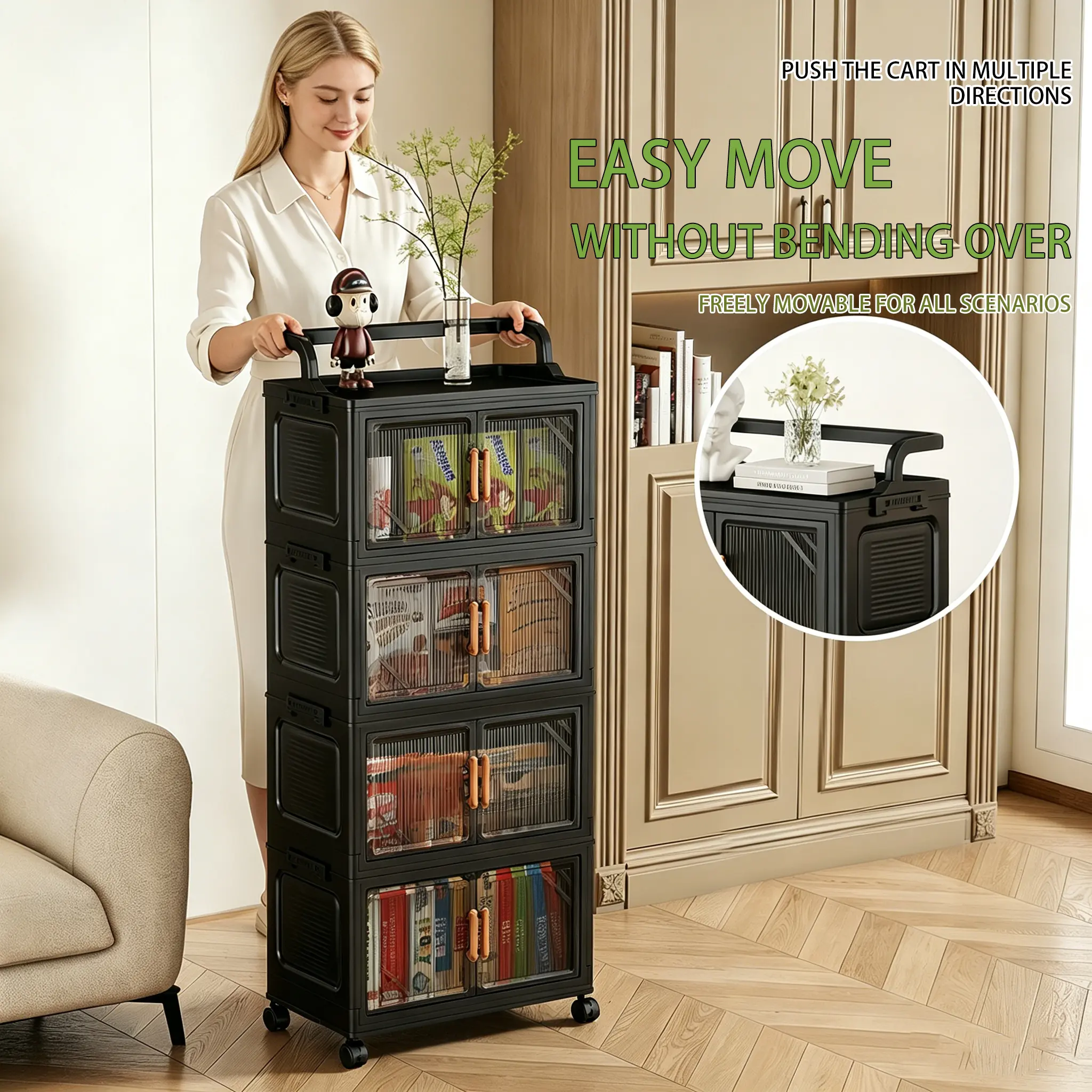 Traditional 60 in Collapsible Transparent Plastic Storage Cabinet with Lid, Ergonomic Top Carry Handle, Magnetic Doors, Rolling Wheels, Lockable Portable Modular Closet Organizer, Large-Capacity Multi-Use Box for Bedroom, Kitchen