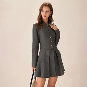 RIHOAS Grey Button Pleated Mini Dress Womenswear Minimalist