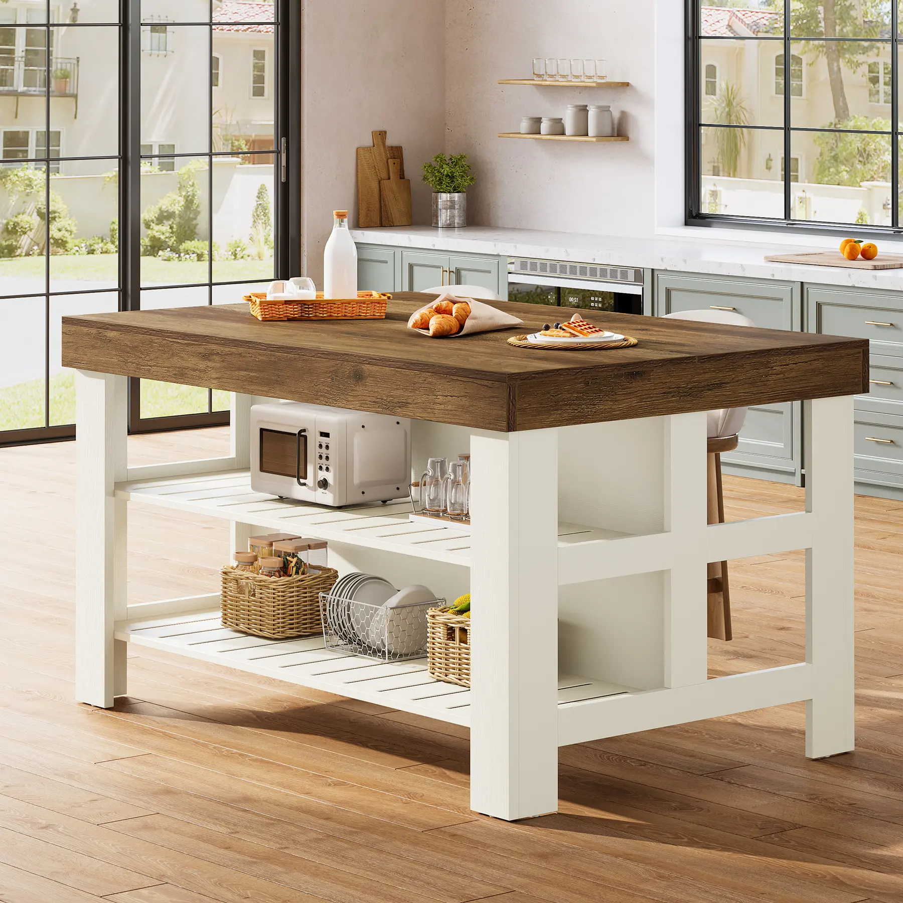 Tribesigns Kitchen Island with Seating and Storage Shelves, 55.1-Inch Breakfast Counter Farmhouse Island Table for Kitchen Dining Room