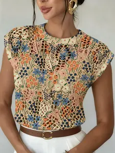 Elegant Women's Vintage Farmhouse Floral Plant Print Round Neck Sweater, Spring Summer Casual Sleeveless Knitwear, Breathable Daily Wear