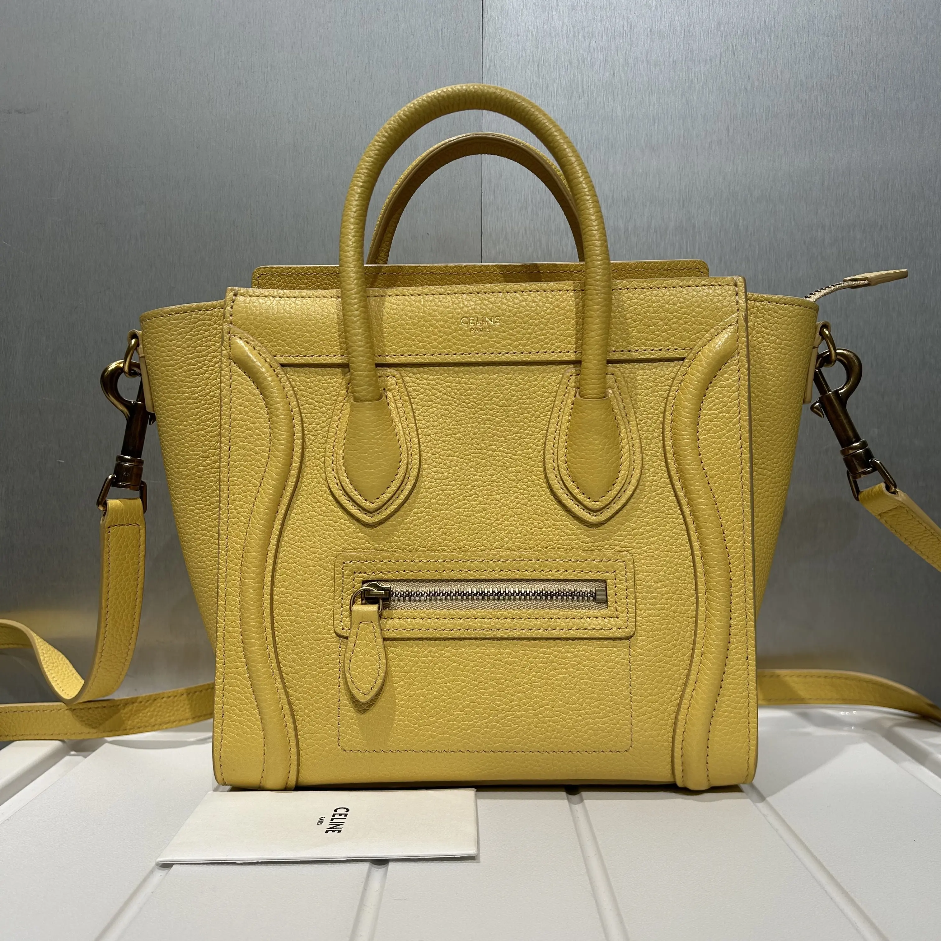 Pre-owned Celine Leather Tote Bags Drummed Calfskin Nano Luggage Mimosa 53450815