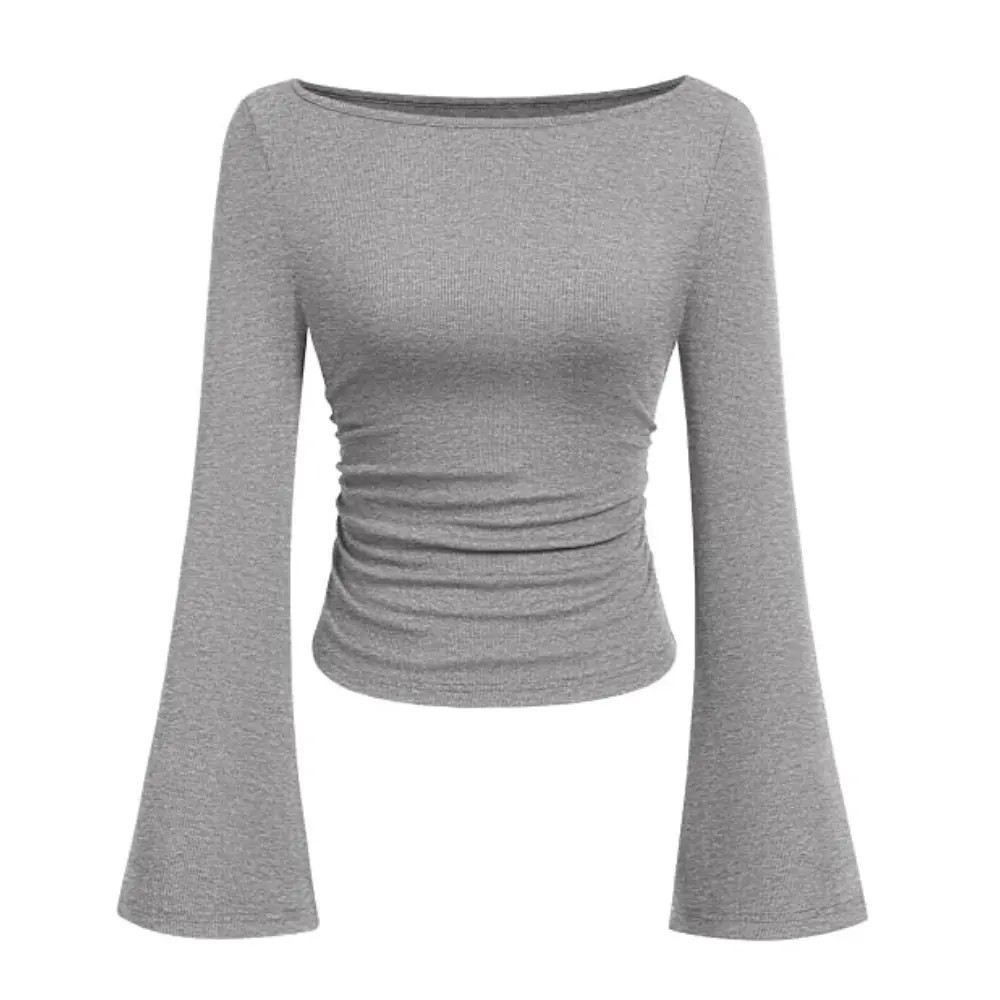 PrettyGarden Women's Long Sleeve Shirts Fall Crop Tops Casual Boat Neck Bell Sleeve Ribbed Ruched Y2K Clothes
