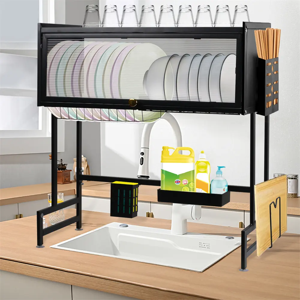 3 Tier Expandable Oversink Dish Drying Rack with Cover, Large Capacity Stainless Steel Dish Drainer, Space-Saving Kitchen Counter Organizer, Adjustable Width Sink Shelf for Pots & Utensils, Rustproof, Oversink Dish Drying Racks & Displays