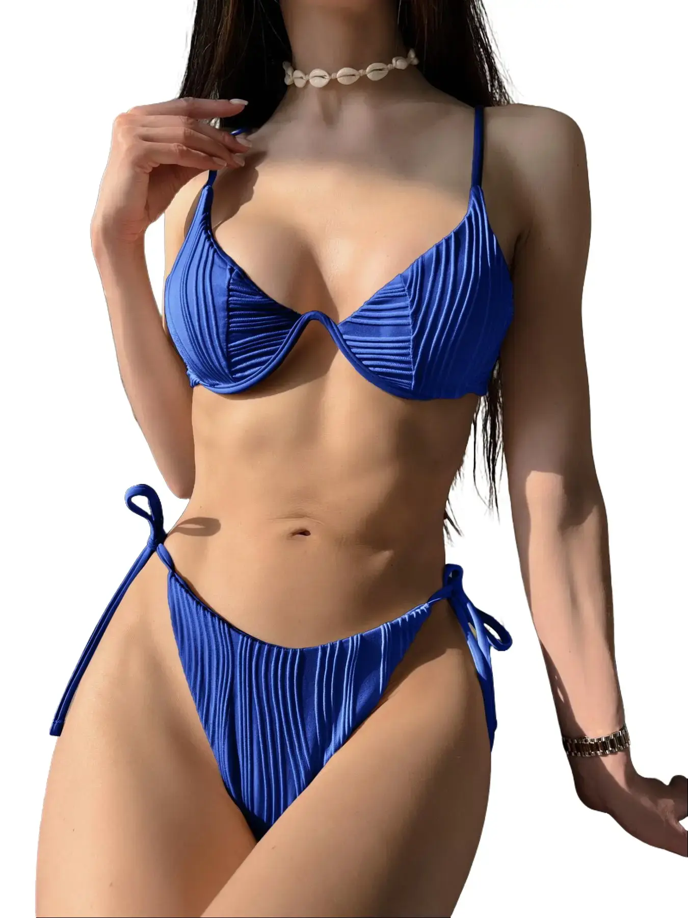 ZAFUL Water Ripple Textured String Bikini Set - Underwire Keel Support Adjustable Back Clasp Top, Side Tie Thong 2-Piece Beach Swimsuit, Adjustable Bikini Top