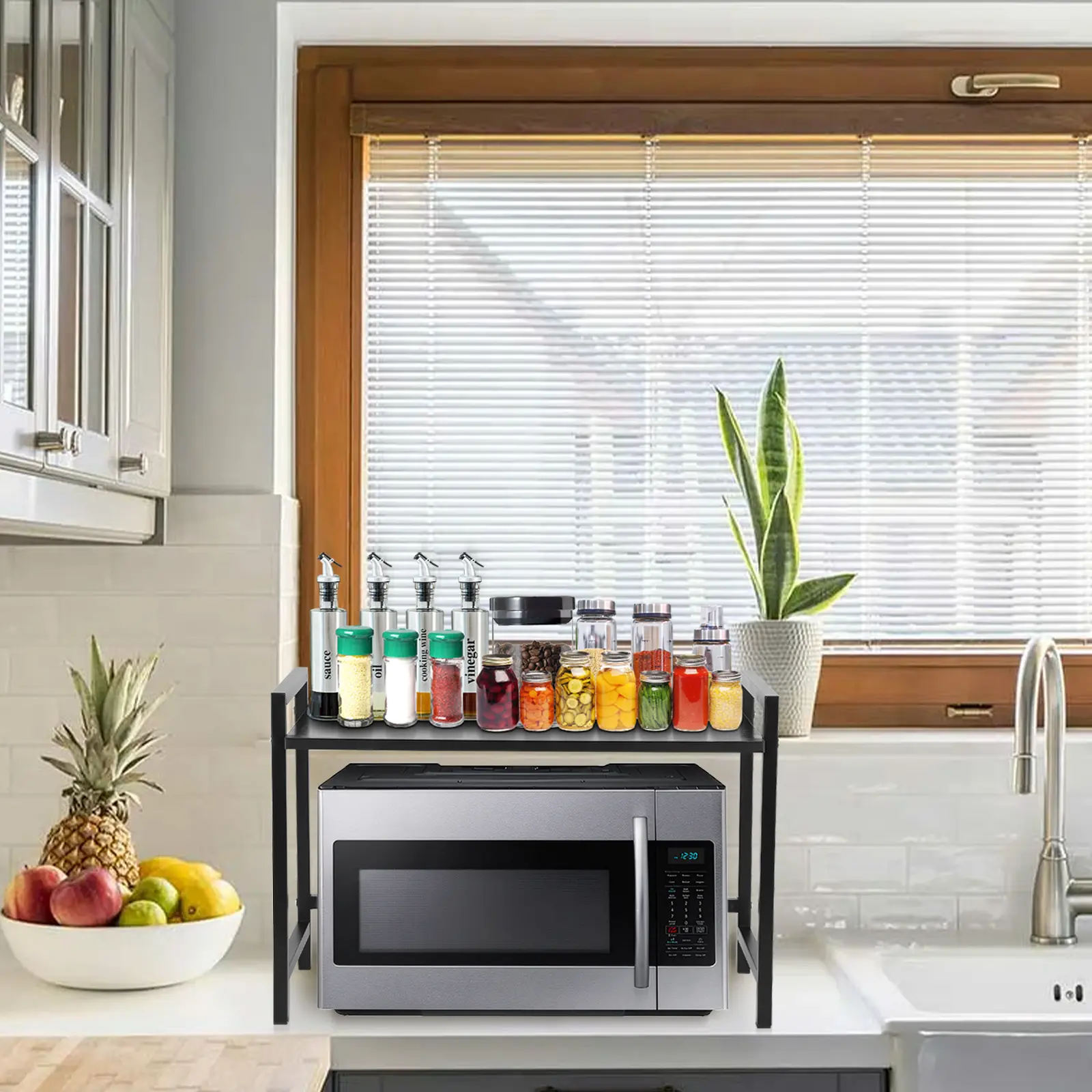 Heavy Duty Expandable Steel-Wood Microwave Rack Shelf, 100lb Capacity, 53x26x36cm Extendable Size, Wooden Board, Metal Base, Anti-Slip Pads, Easy Assembly & Maintenance, Multi-Purpose Organizer for Kitchen Countertop, Office Storage, 530.00X260.00x360.00m
