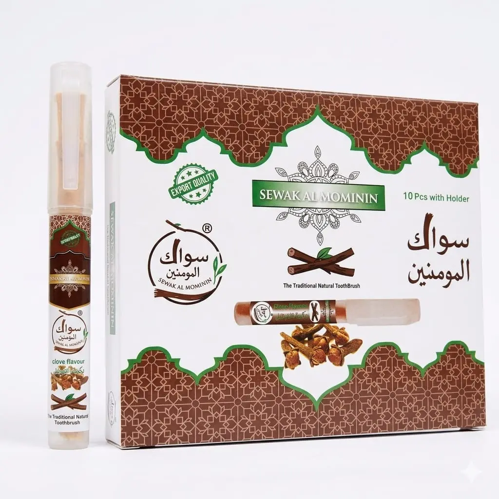 (10-Pack) Clove-Flavored Miswak Oral Care Tool, Sewak Al Mominin Toothbrush with Premium Protective Holder