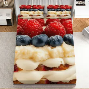 3Pcs Dessert Berries Whipped Cream Fitted sheet Three Piece Set (1*Fitted Sheet+2*Pillowcases, Coreless), Summer theme, Fruits Cake Bedding Set, Mattress protector Soft, Breathable