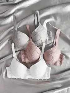 3pcs Women's Push-Up Underwire Bras - High Support Anti-Sagging Breathable Nylon/Elastane Blend, Bohemian Style Lace Trim & Solid - Comfortable Everyday & Special Occasion Bras Womenswear Basic Minimalist Vneck
