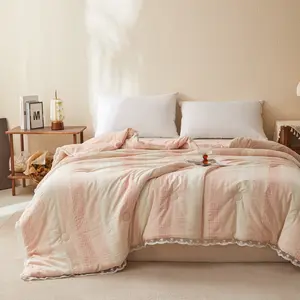 1pc Ultra Soft Cloud Cotton Summer Quilt, Lace Trim Design, Comfortable and Breathable, Romantic Bedding