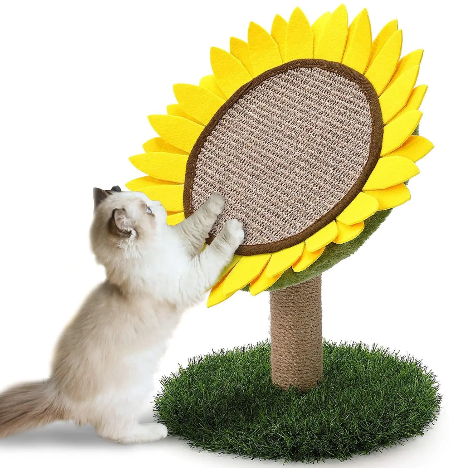 Barkable Sunflower Cat & Dog Scratching Post - Sisal Rope Scratch Surface, Grass Base