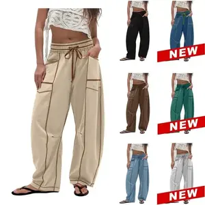 Women's Barrel Sweatpants High Waisted Wide Leg Pants Drawstring Athletic Baggy Pants Lounge Sweats Colorblock Soft Fabric Comfortable Fit True to Size Vogue Design Basic Minimalist Bottom with PocketsGiftGift