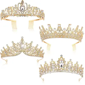 4 Pack Queen Crowns for Women Pageant Crown with Combs Princess Rhinestones Tiara Headband Comb Tiara for Women Birthday Cosplay Wedding(Gold)