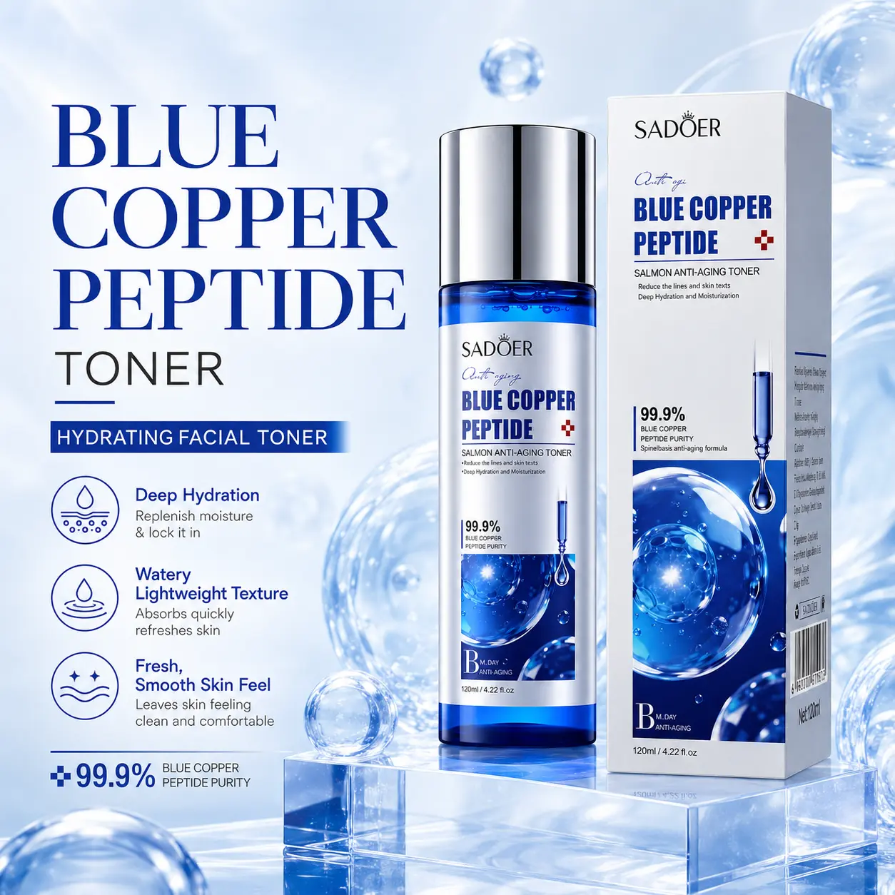 GHK-Cu Copper Peptide Facial Toner, Hydrating Facial Skin Prep with Watery Lightweight Texture, Non-Sticky Fast-Absorbing Finish, Moisture Care for Fresh and Smoother-Looking Skin, Morning and Night Face Care, 120ml / 4.22 fl oz