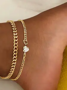 2-Piece Fashion Minimalist Cuban Chain Ankle Bracelet Set Anklets, Stainless Steel Zircon Footchain for Women, Jewelry Accessories, Trendy Jewelry, Fashionable Accessories, Perfect for Parties and Gifts