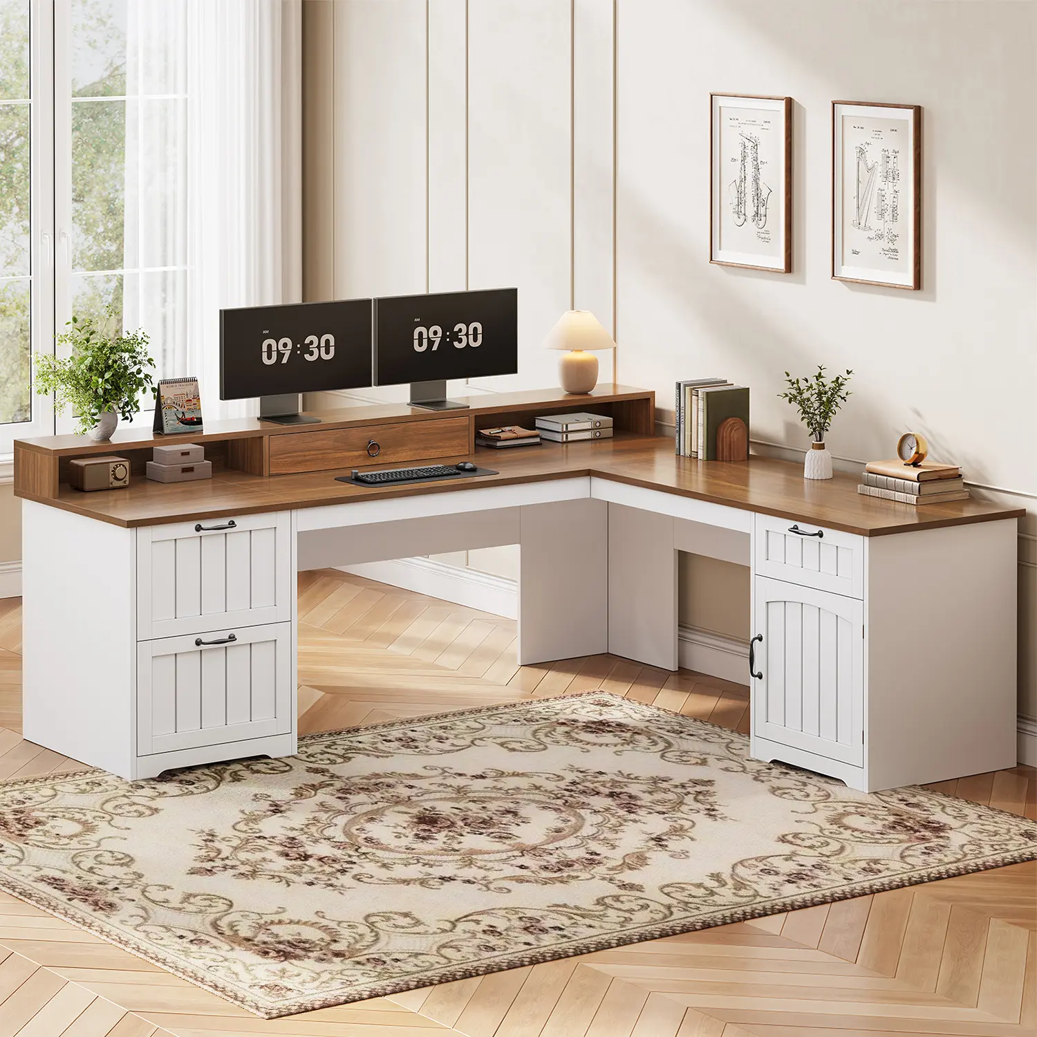 Sedeta 63" Farmhouse L-Shaped Engineered Wood Workstation - L-Shaped Computer Workstation, Body-Friendly Office Desk with Dual Monitor Riser, Storage Drawer Platform, File Drawer, Storage Cabinet, Easy Assembly, L-Shaped Computer Workstations