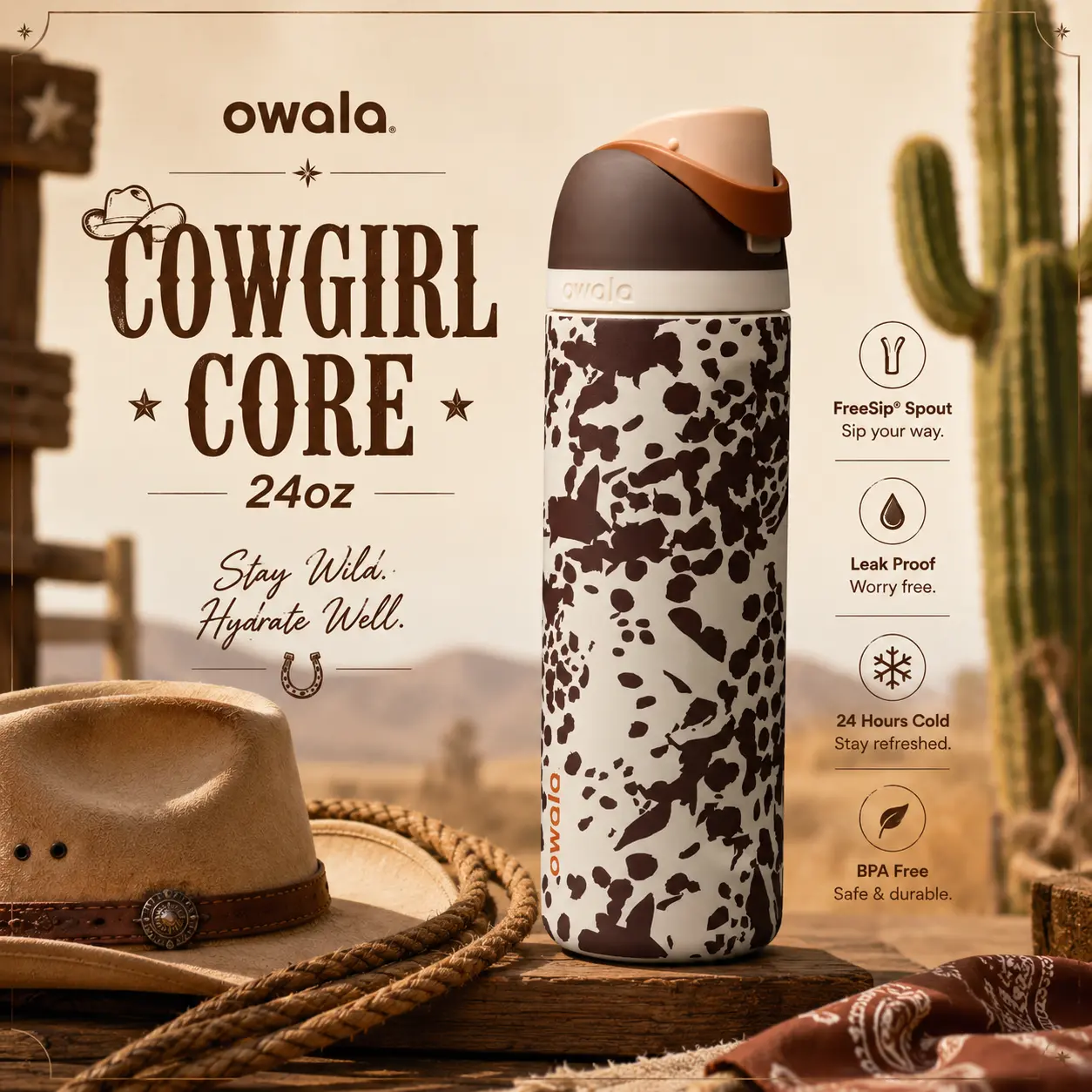 Owala CowGirl Core 24oz FreeSip Water Bottle – Western Style