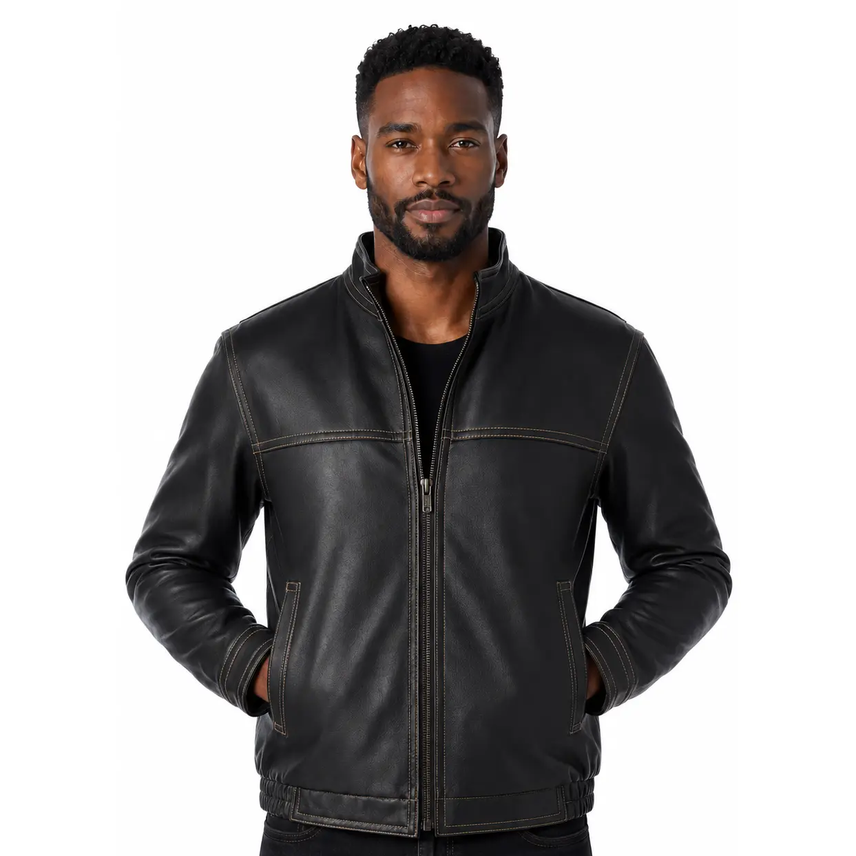 Men's Classic Fit Cowhide Leather Jacket with Edgy Stand-Up Collar, Quilted Lining, and Inside Pockets, Clothes, Casual, Coats, Stitched, Contrast Stitched, Durable Naked Cow Leather, Menswear, Stylish, Tops, Modern Jackets & Coats