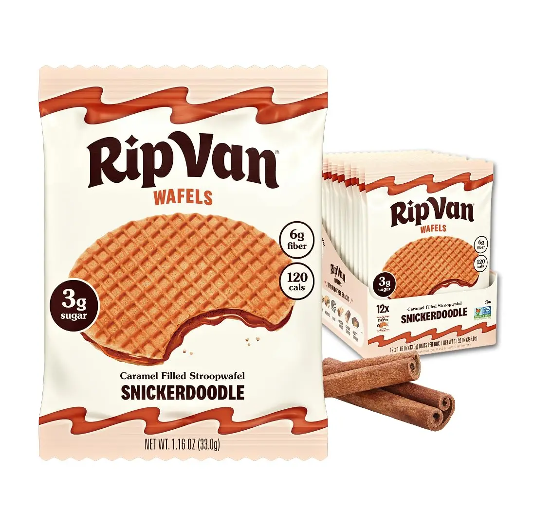 Rip Van Wafels Snickerdoodle Stroopwafels, Healthy Snacks, Non-GMO, Keto Friendly, Office Snacks, Low Sugar (3g), Low Calorie, 12 Pack