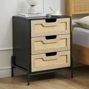 GARVEE Rattan Nightstand, 3 Rattan Drawers Storage, Black Night Table, Bedside Cabinet with Shelves for Bedroom Living Room