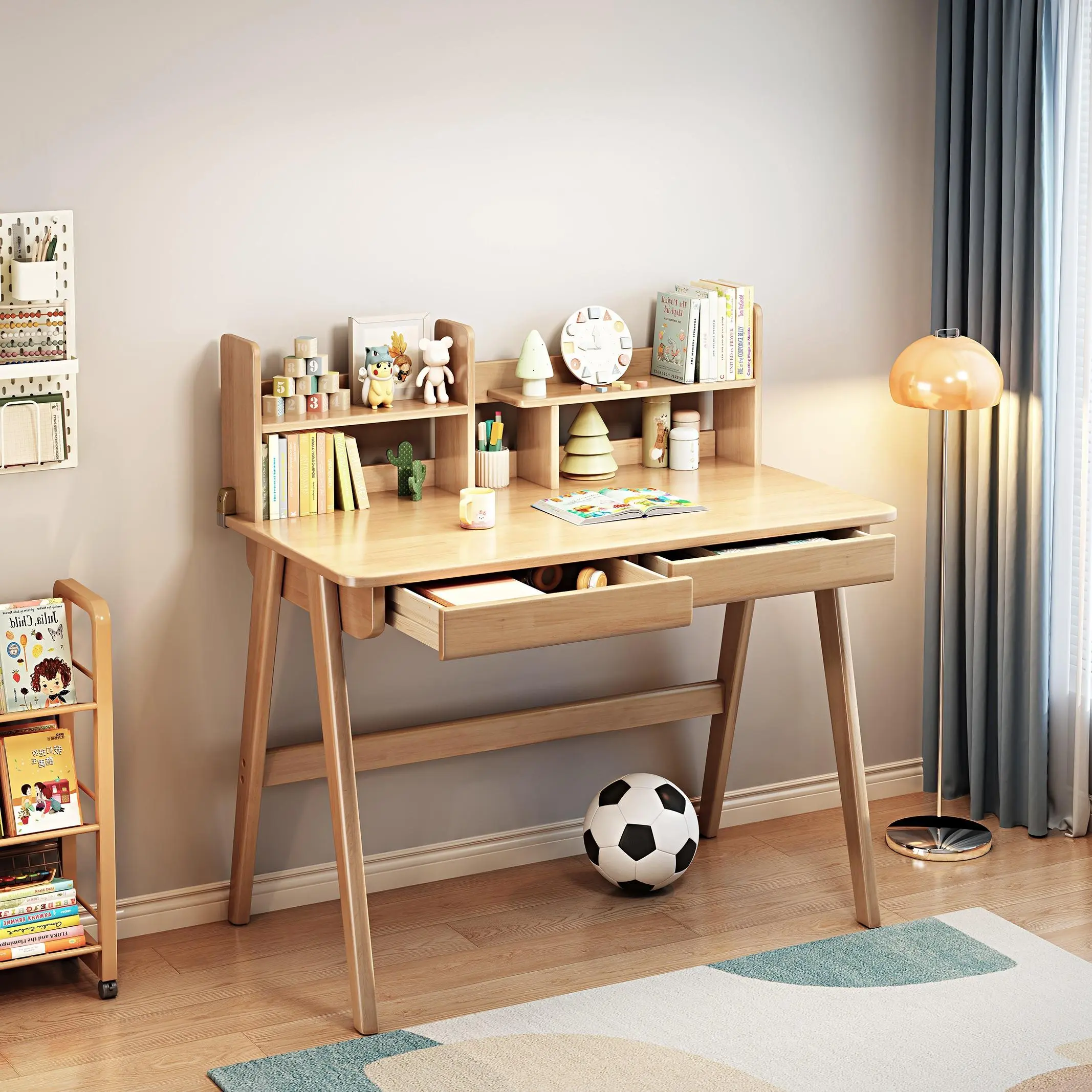 Kids ' Solid Wood Desk with Built-in Bookshelf, Multi-functional Study Table for Home and School, Available in Natural, White, and Walnut Colors