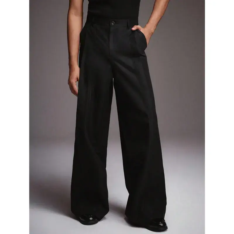 Men's Polyester Minimalist 3D High-Waist Wide-Leg Dress Pants - Structured, Fluid Drape, Business Casual Long Pants for Business Meetings, Retro Styling
