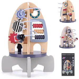 Space Wooden Activity Cube Toys for Baby, Montessori Toys for 1 Year Old Boy & Girl Birthday Gifts, Sensory Educational Busy Board Toys for Baby 6-18 Months (Rocket)