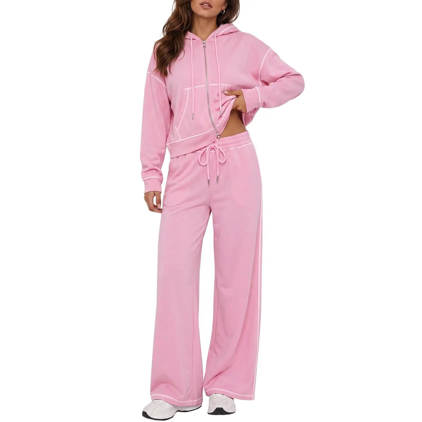 Fisoew Women's Plus Size 2-Piece Contrast Stitch Tracksuit Set - Full Zip Cropped Classic Hood Long Sleeve Drop Shoulder Soft Fleece Hoodie & Drawstring Wide Leg Sweatpants Casual Outfit, Long Sleeves