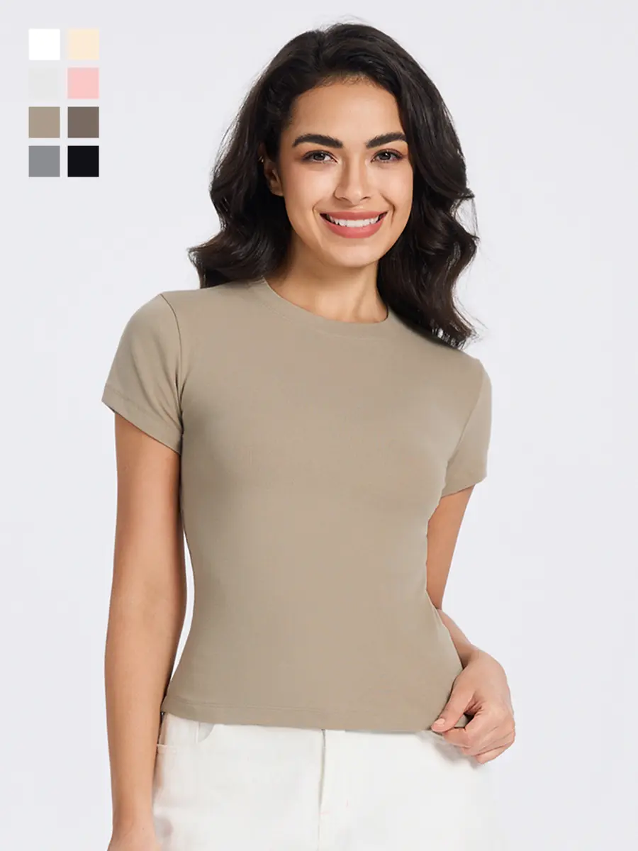 MIDMX Women's Crew Neck Tshirt, Short Sleeve Slim-Fit Cotton Basic Tops with Spandex Stretch, Casual Solid Concealing Fit Top, Basic Chic, Stretch Spandex, Fitted